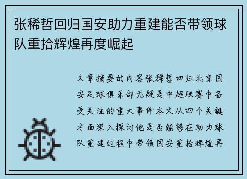 张稀哲回归国安助力重建能否带领球队重拾辉煌再度崛起