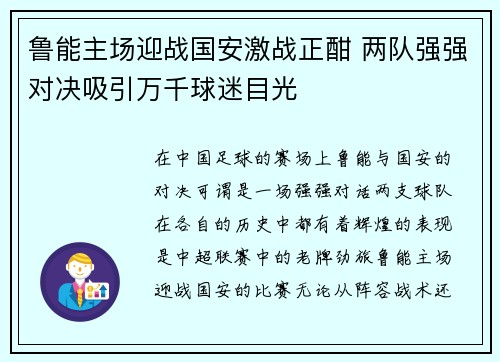 鲁能主场迎战国安激战正酣 两队强强对决吸引万千球迷目光